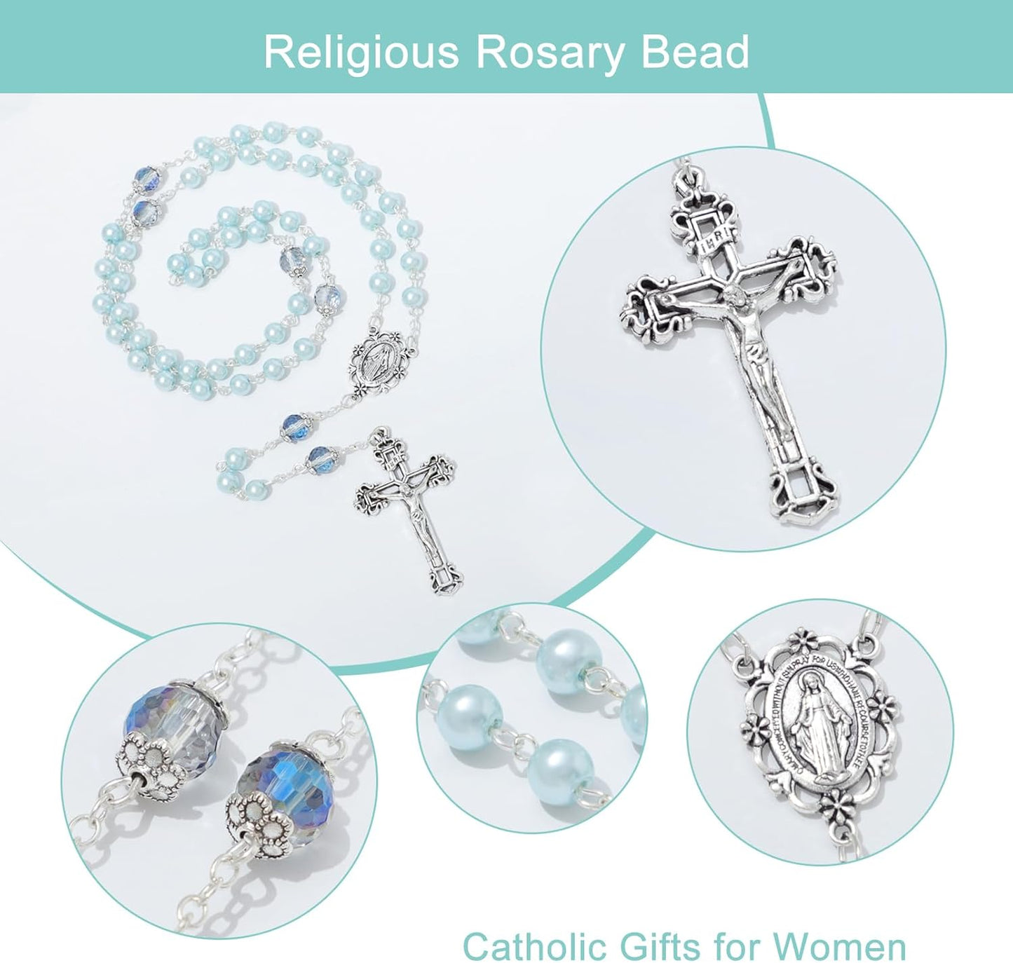 6mm Pearl Rosary Beads With Crucifix - Women's Catholic Prayer Necklace, Gift Box & Pouch Included