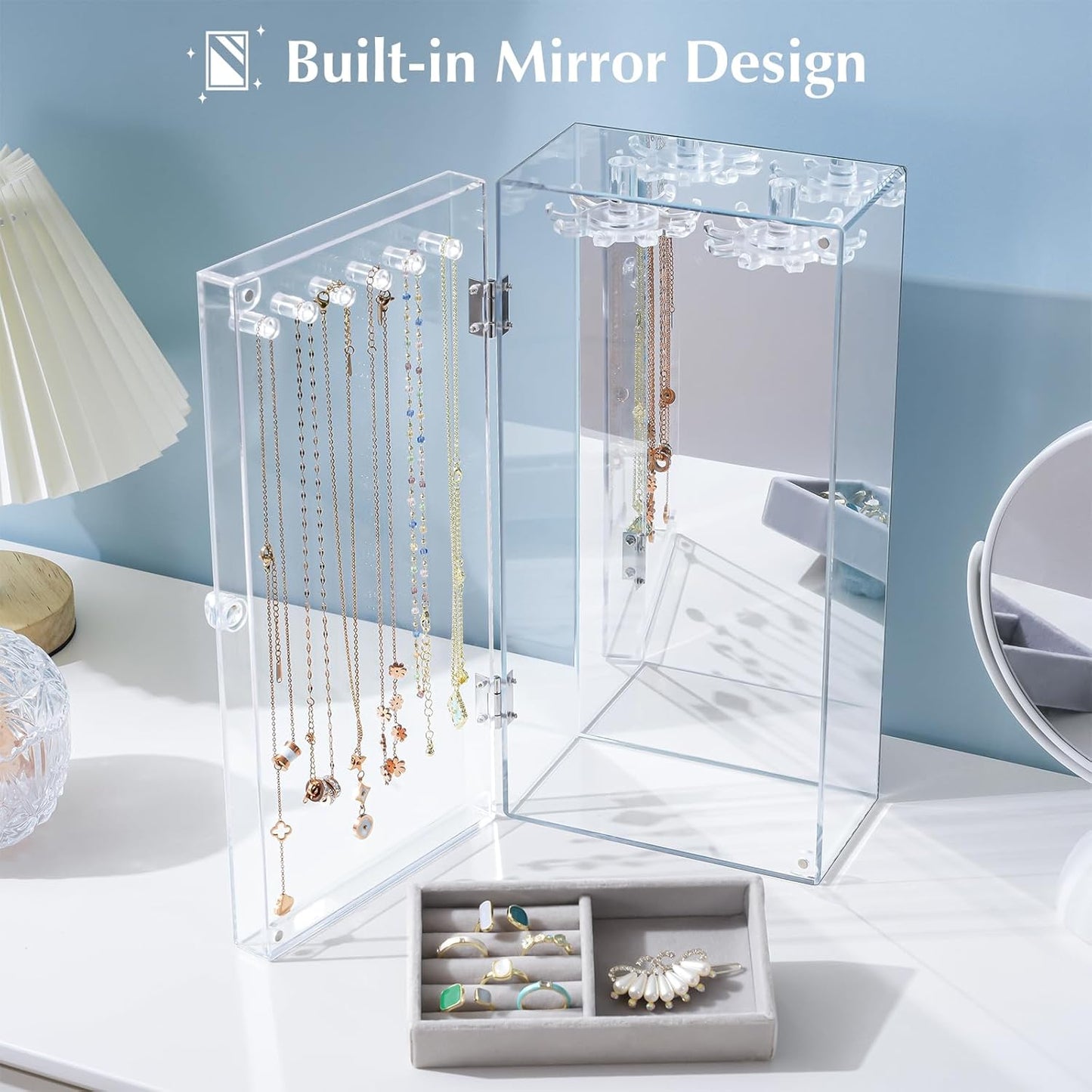 Acrylic Jewelry Organizer with 24 Hooks, Rotating Clear Necklaces Display Box with Built-in Mirror