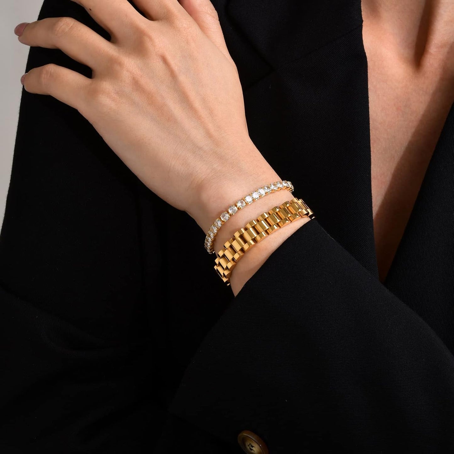 2pcs Gold Chain Link Bracelet, Stainless Steel Crystal Friendship Bracelets Bangle,Watch Band Chains Wristband