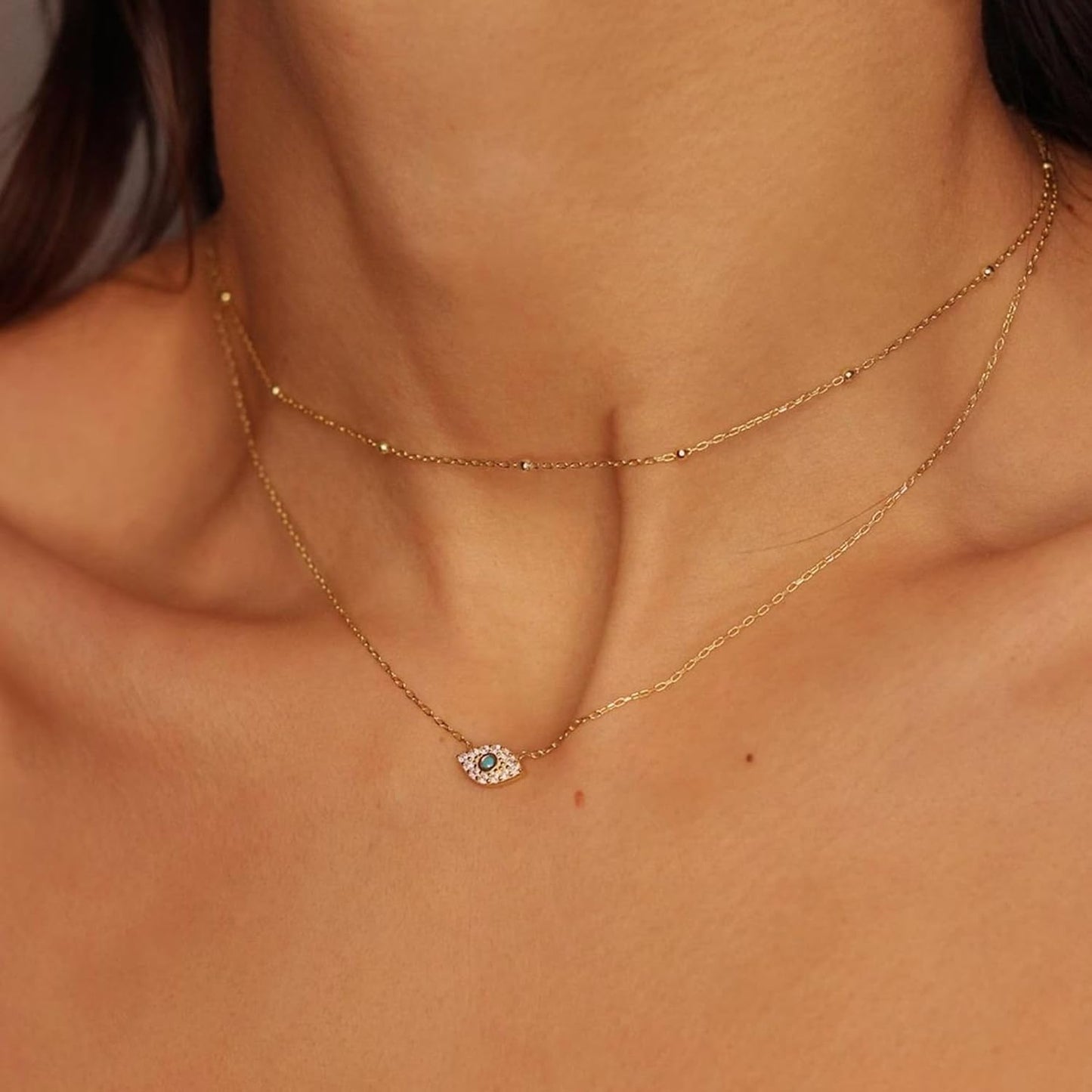 Evil Eye Necklace: 14K Gold Plated Blue CZ Diamond Boho Pendant for Women, Protection Gift