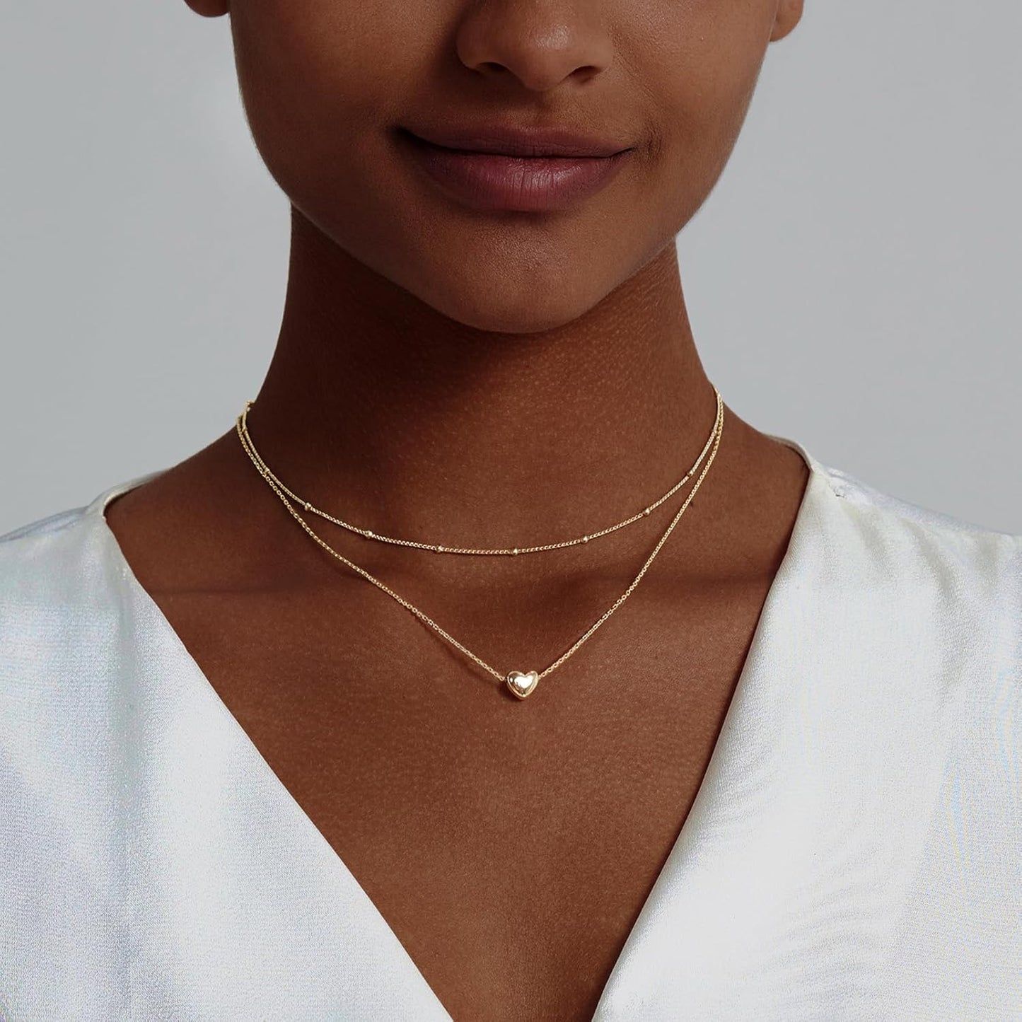 Layered Heart Necklace: 14K Gold Plated Puffy & Chunky Heart Pendants - Adjustable Dainty Choker for Her