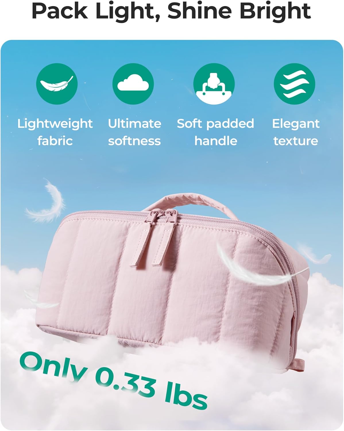 Travel Makeup Bag for Women, Portable Water-resistant Cosmetic Case, Puffy Padded Make Up Organizer Pouch, Open Flat Toiletry Bag for Toiletries, Brushes, Pink