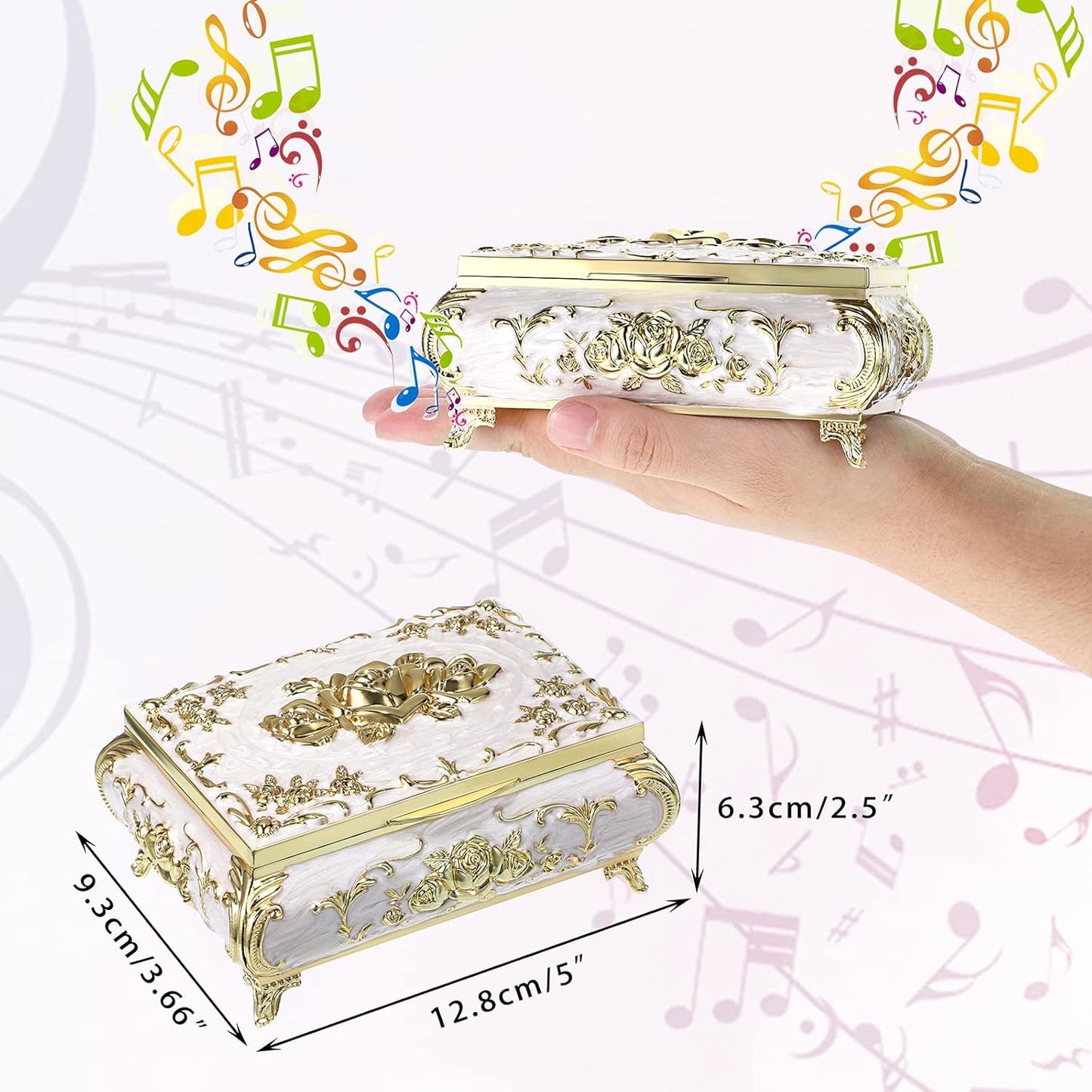Vintage Music Box, Beige Metal Musical Jewelry Box Keepsake Box, Small Trinket Jewelry Storage Box
