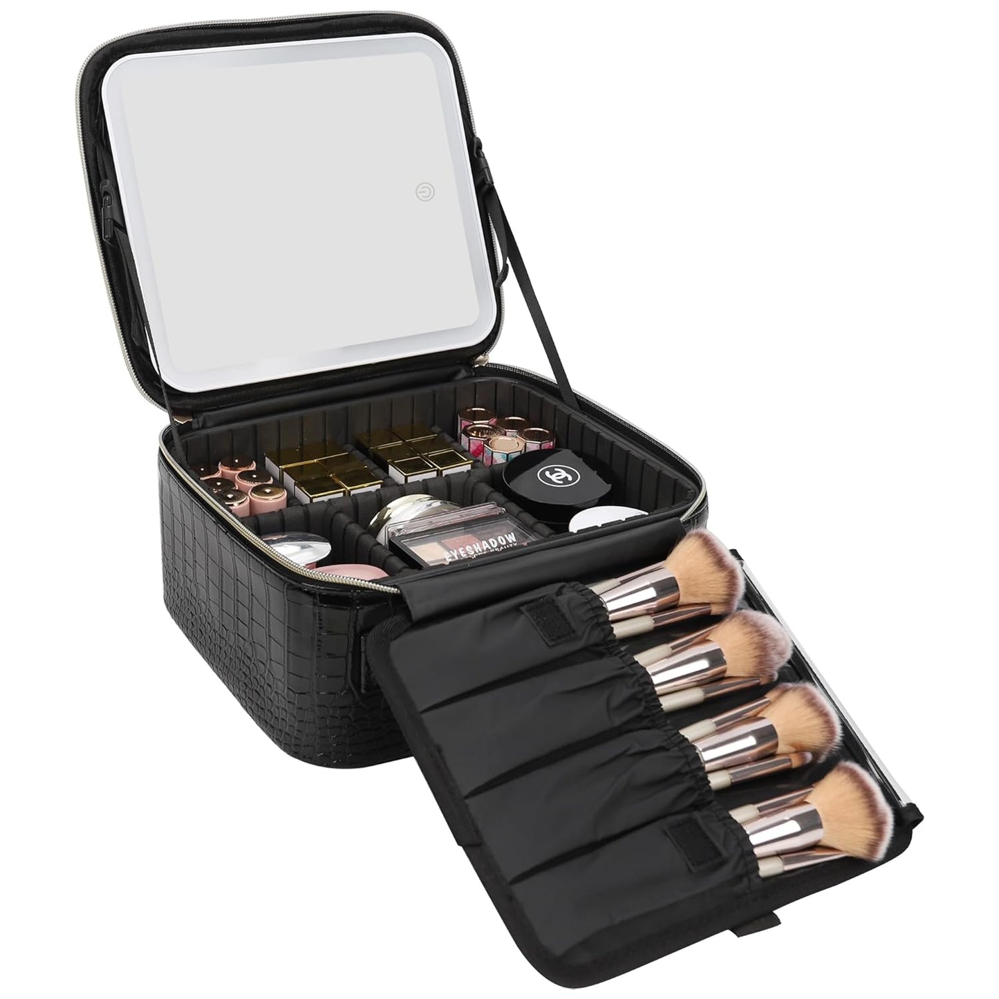 Travel Makeup Bag With LED Mirror, Portable Makeup Artist Organizer Bag with Adjustable Dividers