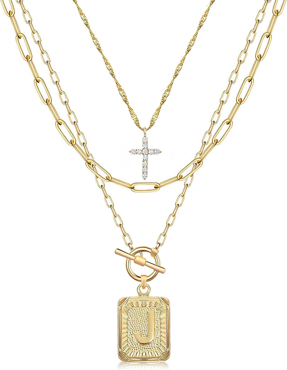 Layered Initial Necklace for Women, 14K Gold Plated Letter Pendant with Cross Charm, Paperclip Chain Choker Jewelry