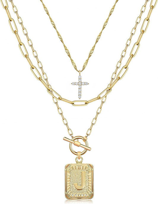 Layered Initial Necklace for Women, 14K Gold Plated Letter Pendant with Cross Charm, Paperclip Chain Choker Jewelry