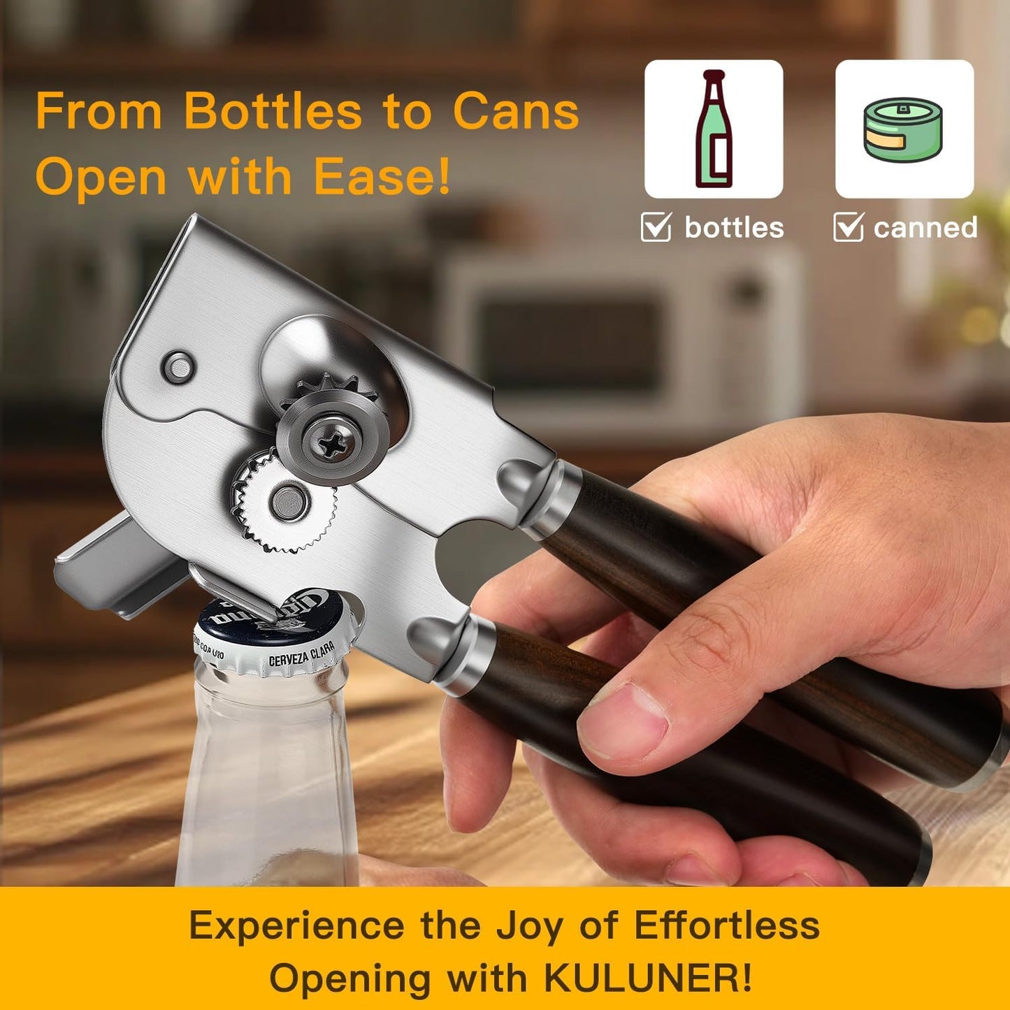 Manual Can Opener with Solid Wood Handle, Sharp Smooth Edge Blade
