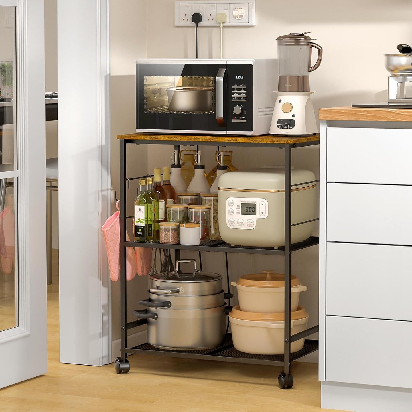Rolling Kitchen Microwave Cart, 3 Tier Kitchen Utility Cart on Lockable Wheels