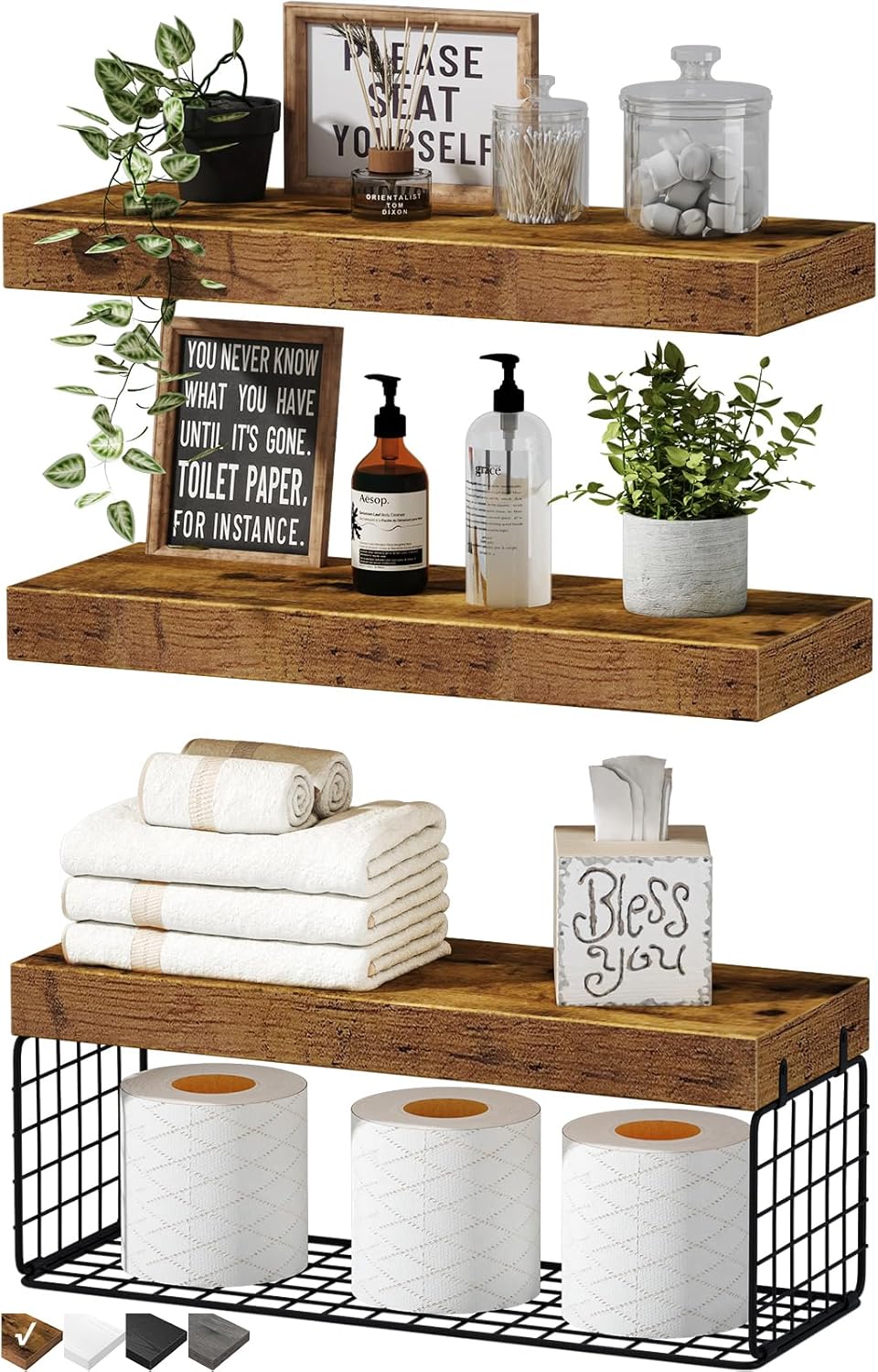 Bathroom Shelves Over Toilet - Wall Mounted Floating Shelves  16 inch Set of 3