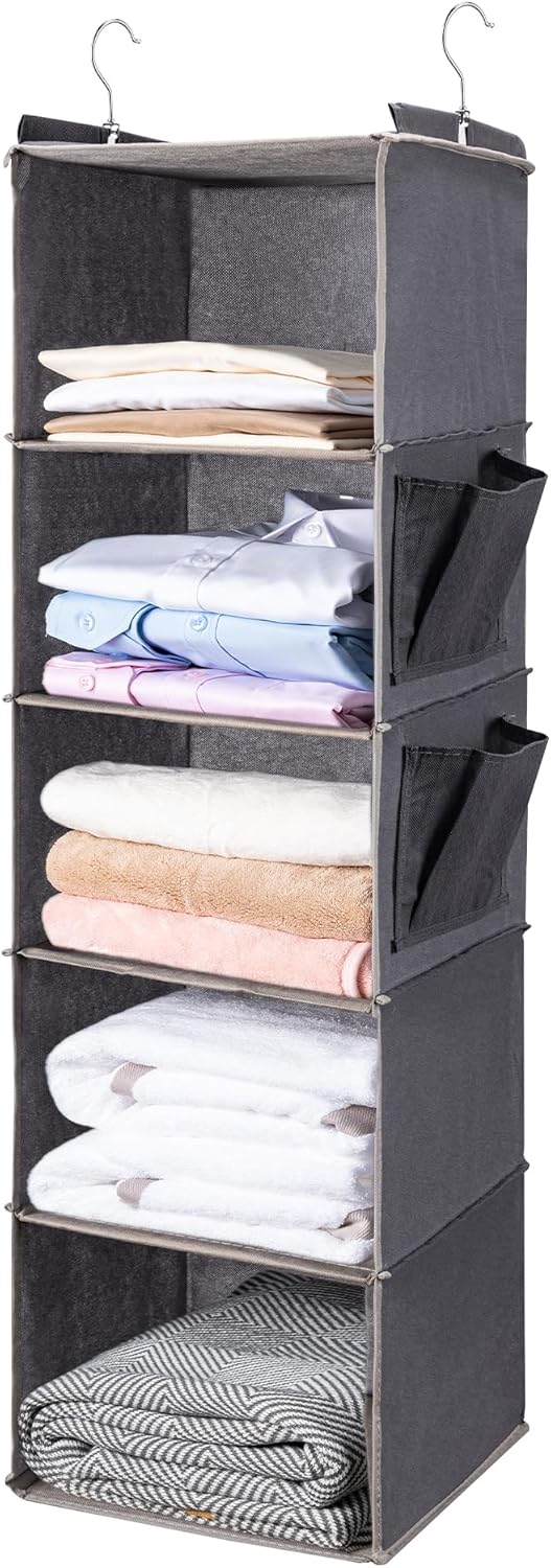 Hanging Closet Organize and Shelves，5-Hanging Shelf with 2 Side Pockets，Storage Foldable