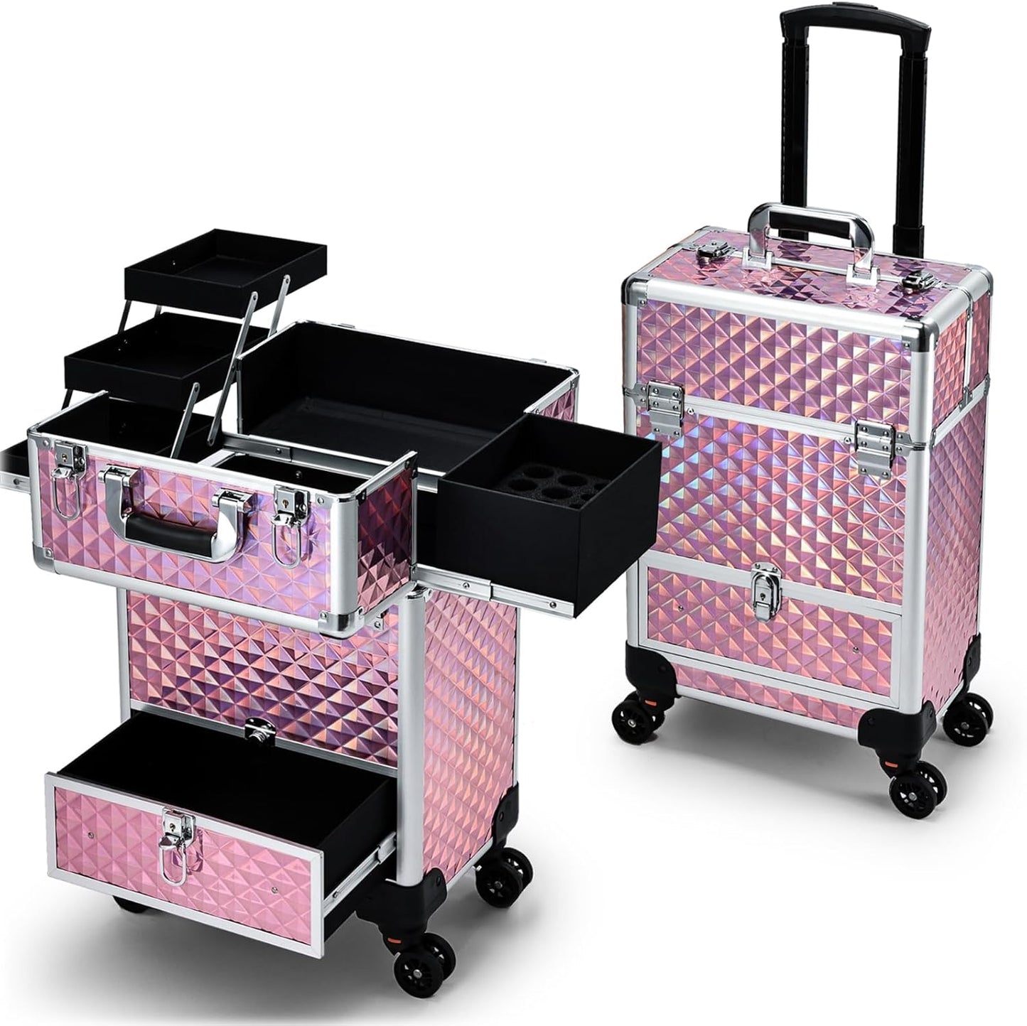 Rolling Makeup Case Cosmetic Travel Trolley Storage Sliding Drawer 4 Tray Makeup Travel Case