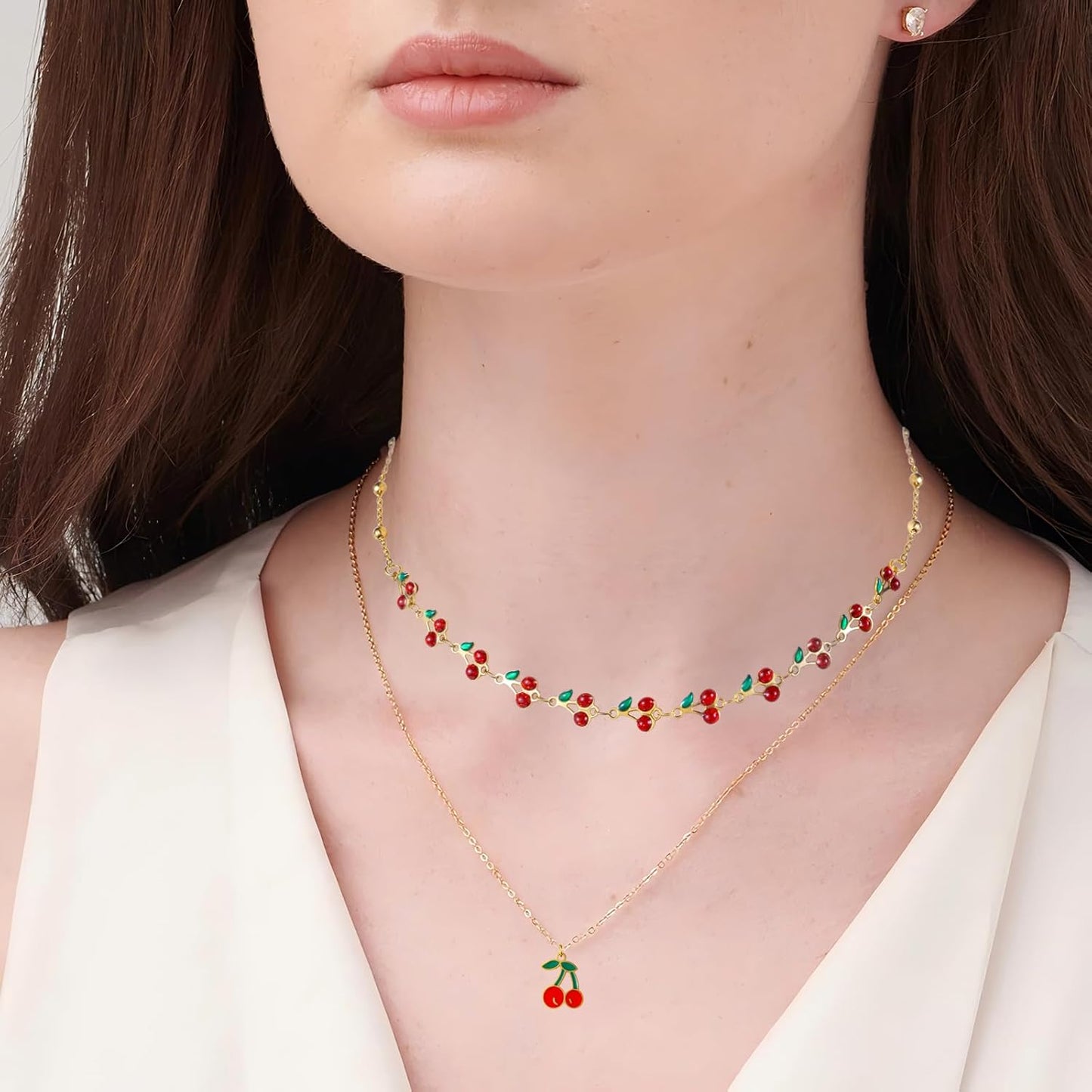 Cherry Necklace for Women 2PCs 14K Gold Plated Layered Dainty Pendant Cute Summer Fruit Jewelry Accessories