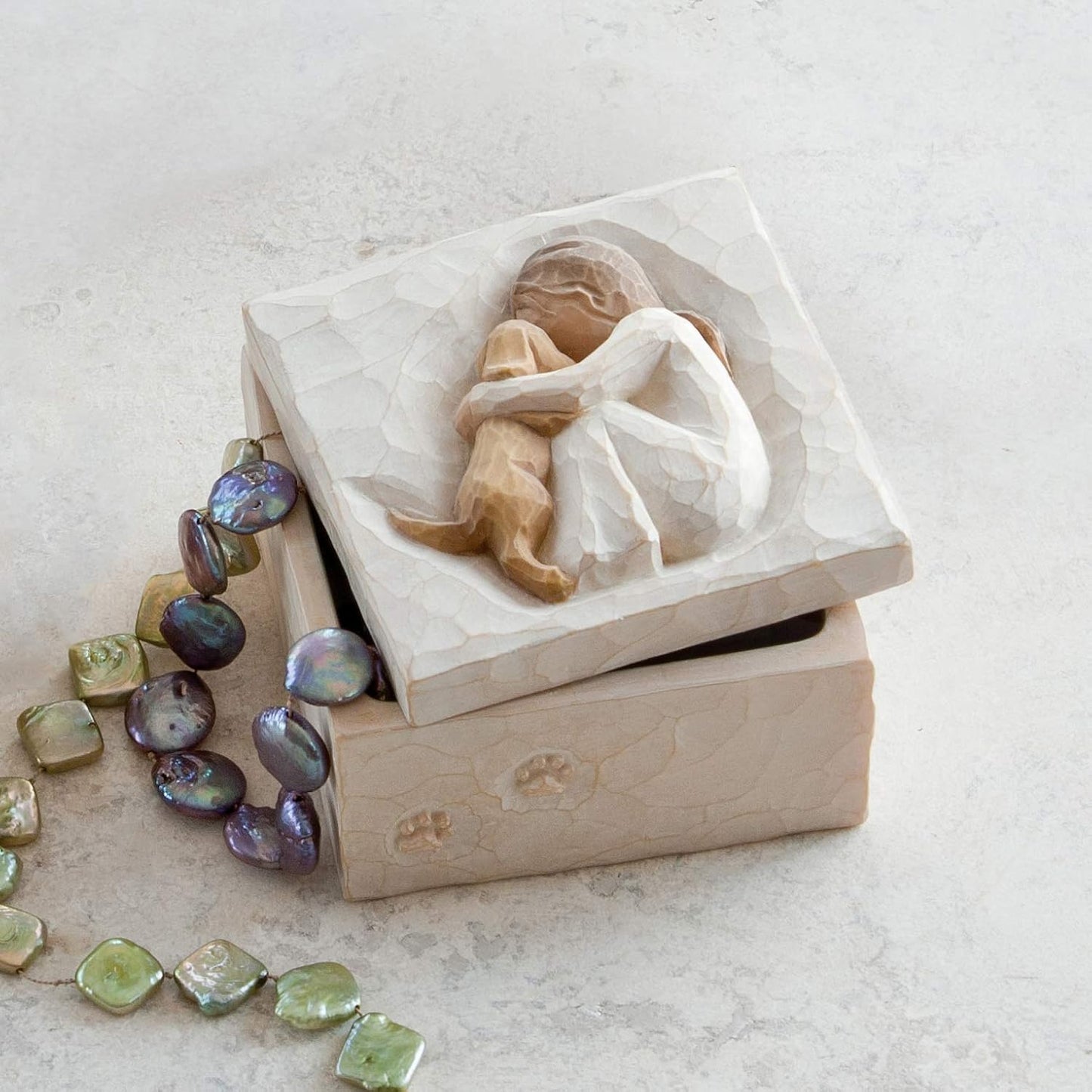 Box for Jewelry and Treasures with Bas-Relief Carving of Girl with Puppy Dog, Sculpted Hand-Painted Keepsake Box