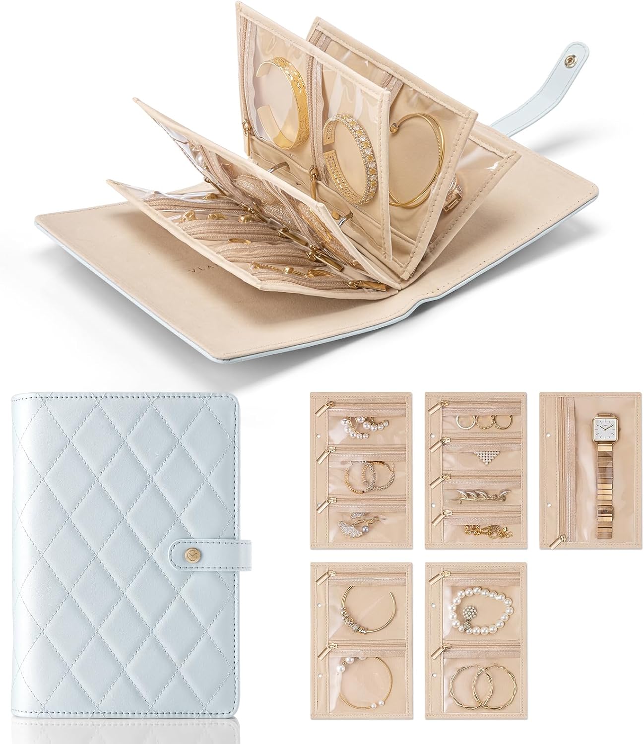 Travel Jewelry Organizer Case,Jewelry Storage Book Ring Binder with Clear Zipper Velvet Pouch Bag