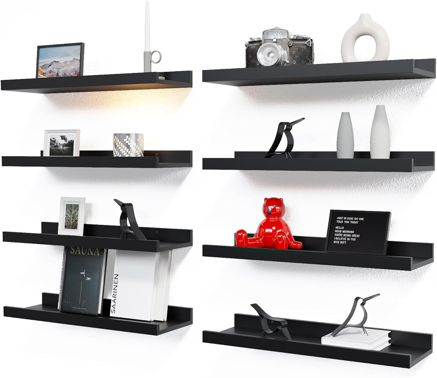 Floating Wall Mounted Shelves, 8count Set with Lip - Black  Book Shelves for Bedroom