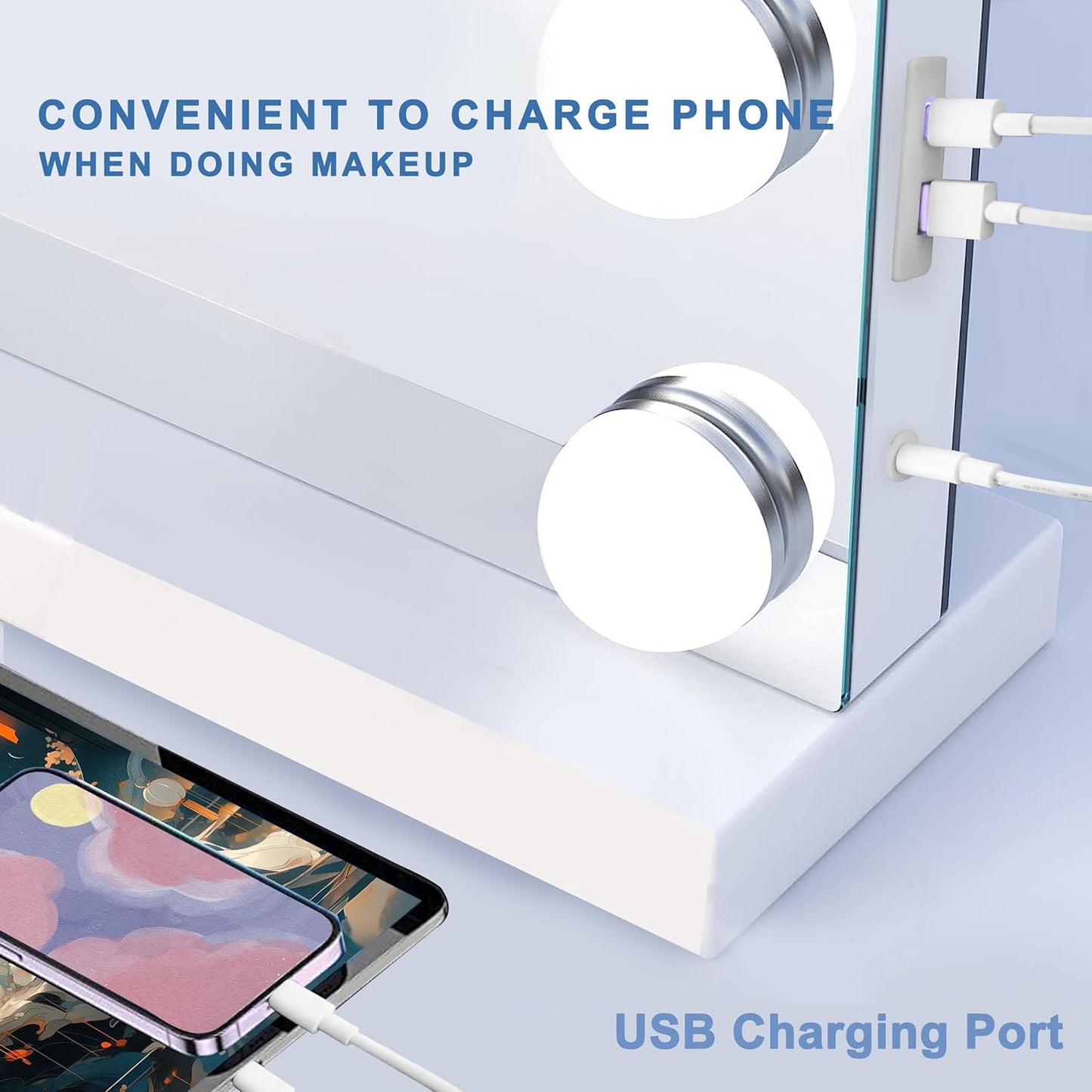 Vanity Mirror with Lights, 15 Dimmable Bulbs, 3 Color Lights,Make Up Lighted Mirror,  USB Charging Port