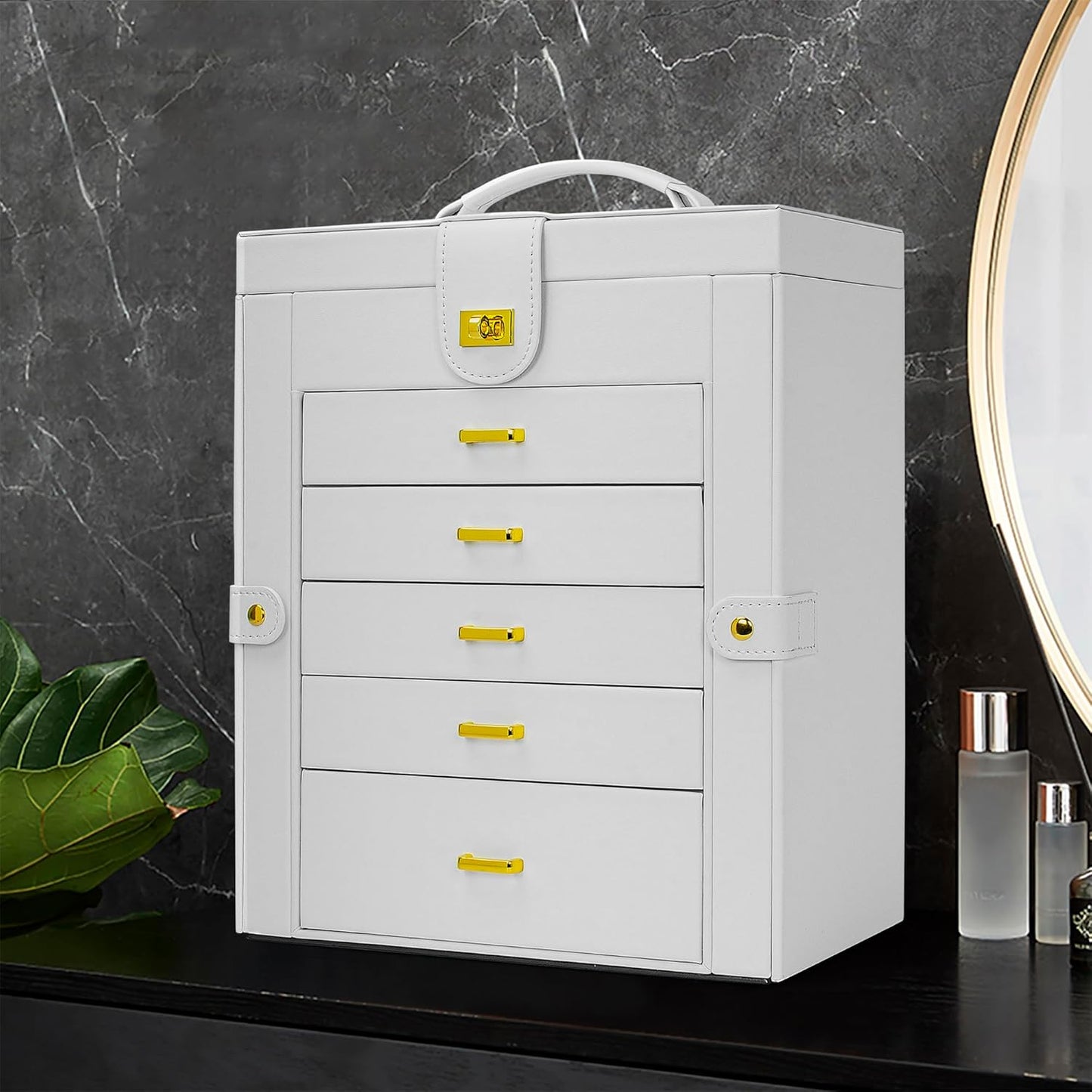 6-Tier Jewelry Box Organizer with 5 Drawers Leather Jewelry Storage Case for Women Girls Holder Organizer with Mirror