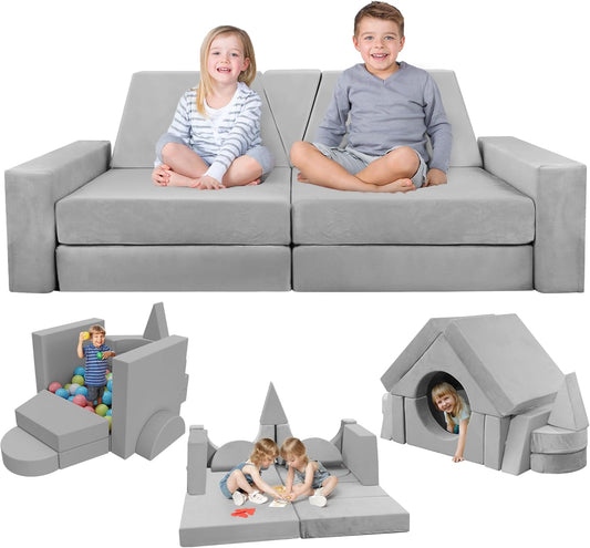 15pcs Modular Kids Sectional, Fort Building kit for Playroom Furniture, Kid Play Couches, Convertible Sofa for Boys & Girls