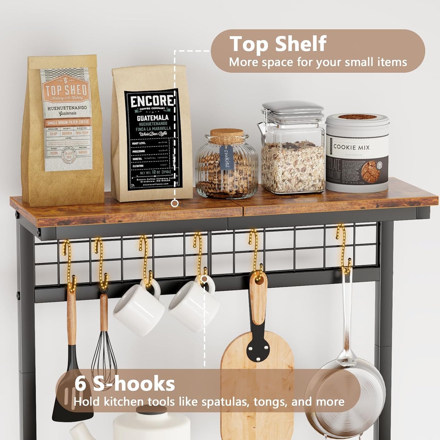 Coffee Bar Station with a 22inch Inch Desktop and 8 S Hooks,Kitchen Microwave Rack for Spices,Pots