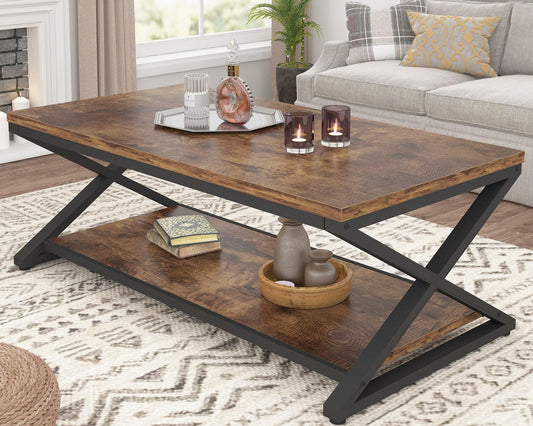 Rustic Coffee Table with Storage Shelf, Industrial Metal Wood Living Room Table Vintage Simple 2 Tier Tea Table