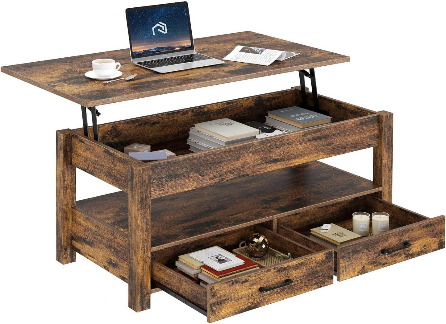 Living Lift Top Coffee Table with Drawers and Hidden Compartment, Retro Central Table with Wooden Lift Tabletop