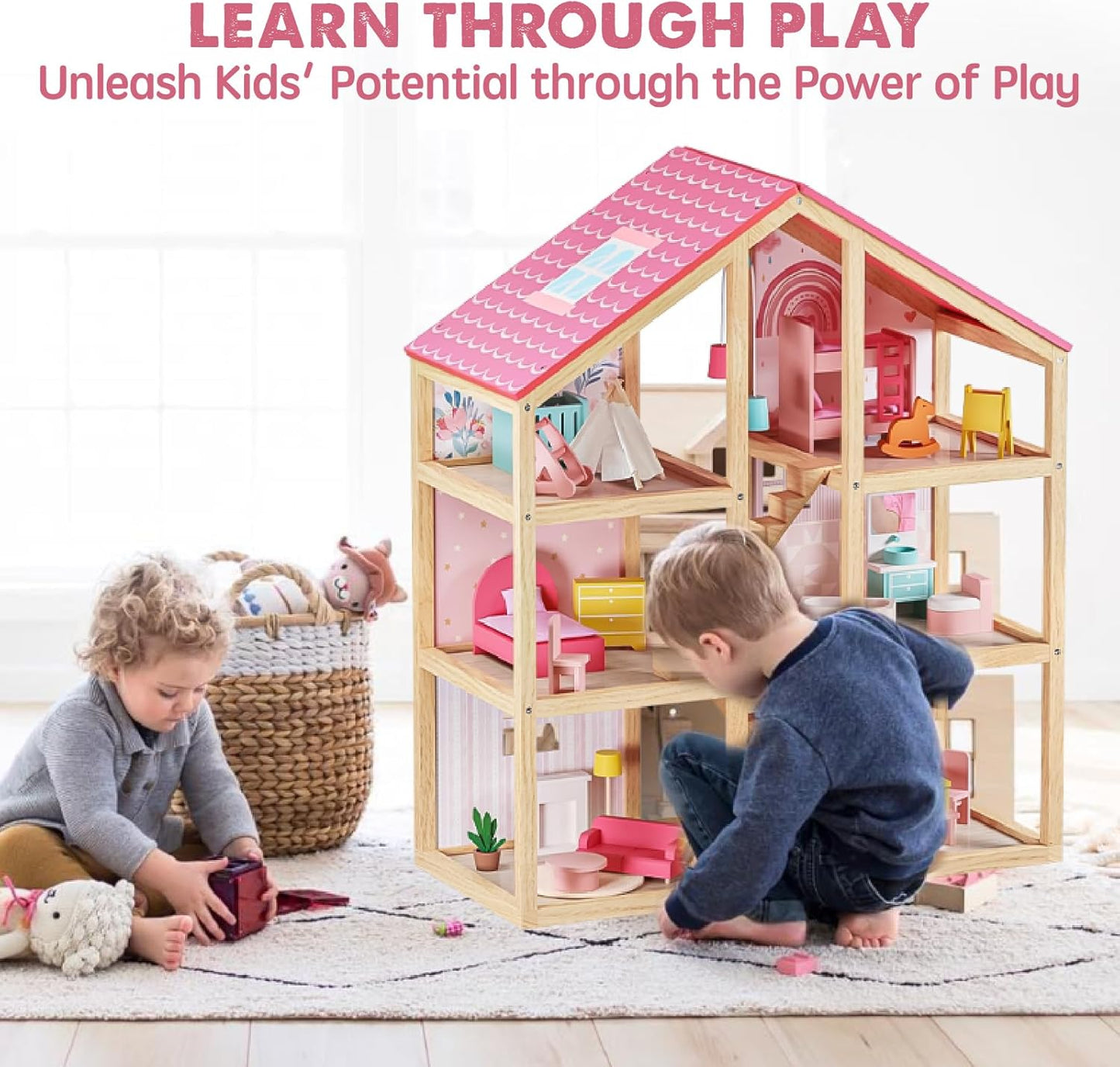 OMOMMD Wooden Dollhouse for Girls - 6 Rooms Wooden Doll House, DIY Pretend Doll House with 31Pcs Furniture Accessories, Creative Gift for Girl Ages 3+