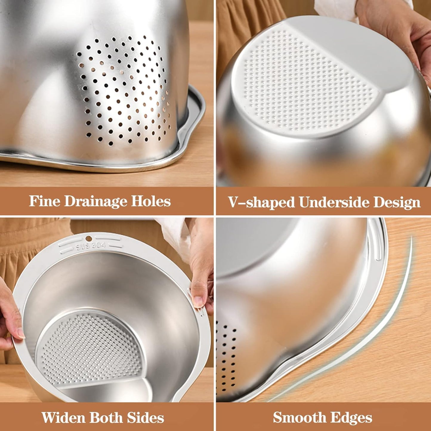 4-in-1 Washing Bowl for Quinoa, Stainless Steel Rinser With Side Drainers Small Colander for Cleaning Fruits, Vegetables