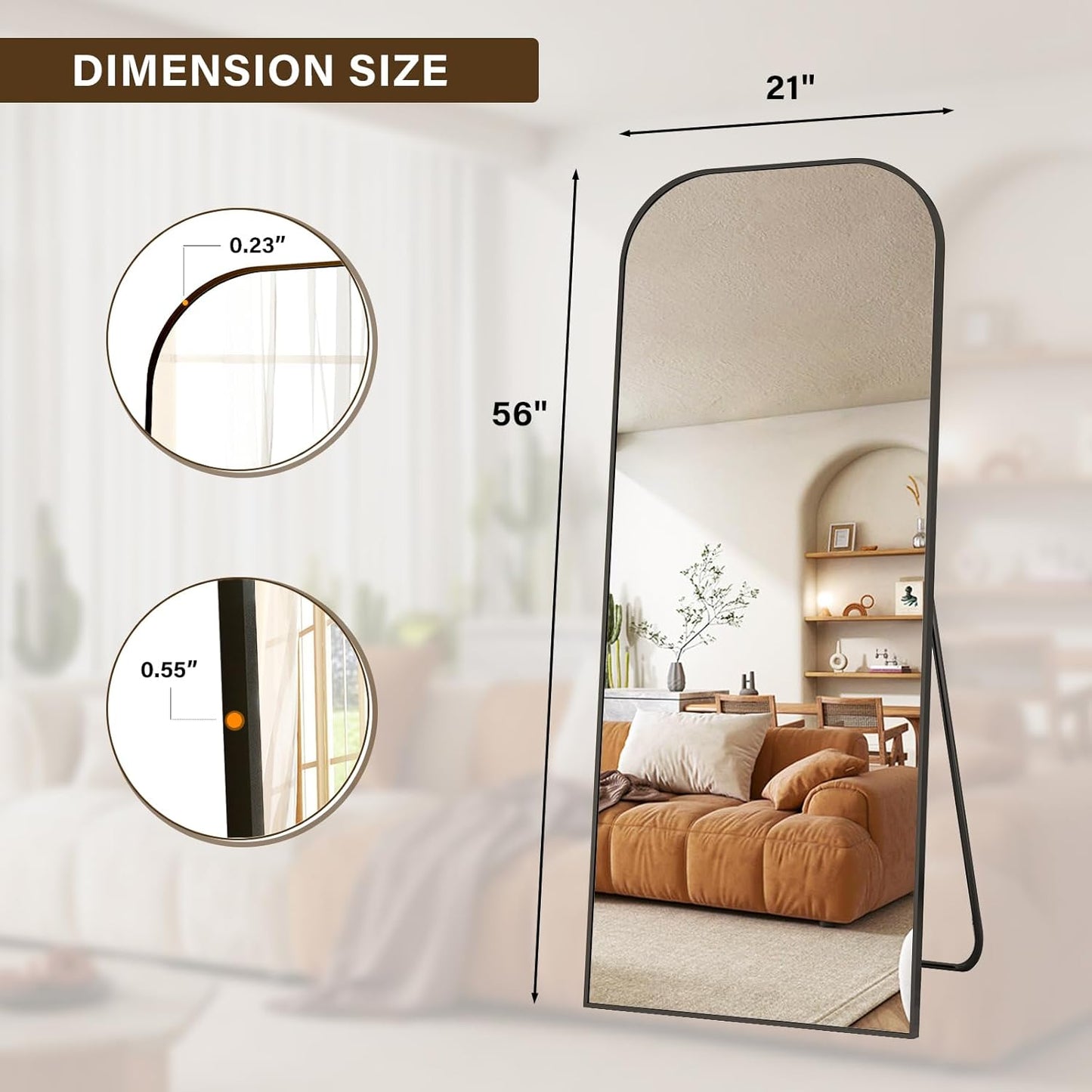 56x21 Inch Full Length Mirror - Large Floor Standing & Wall Mountable Full Body Mirror