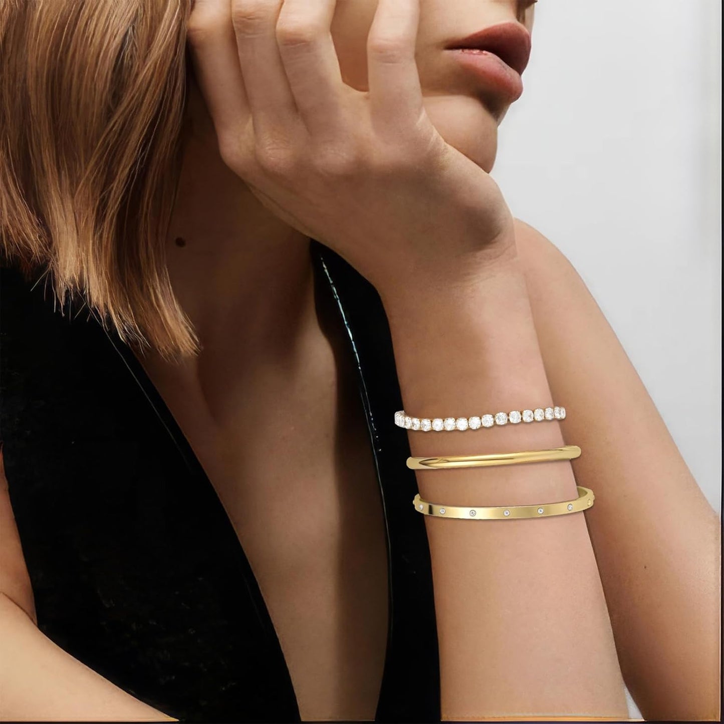 Yowivon Dainty 14K Gold Plated Bracelets for Women, Adjustable Slider Cuff Bangle Bracelets, Gold Curved Bar Hammered Bangle