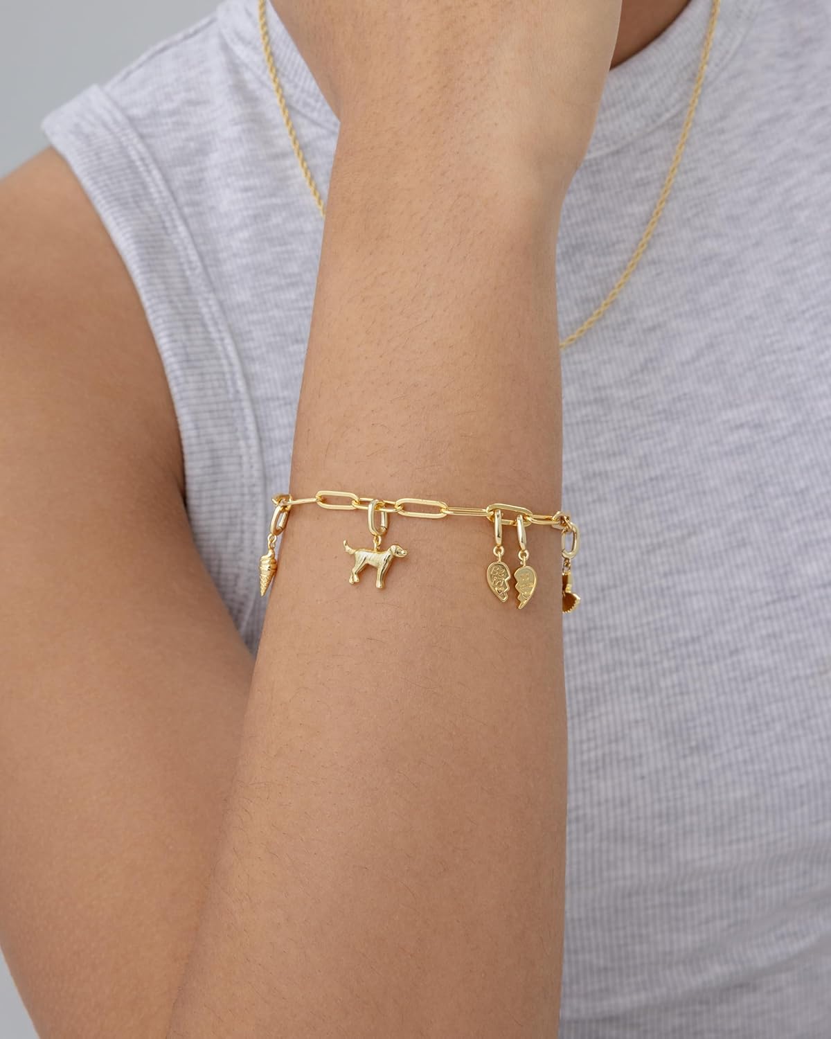 14K Gold Plated Adjustable Bracelet for Women | Twisted Bar & Paperclip Charm Chain Bracelets with Moon, Evil Eye