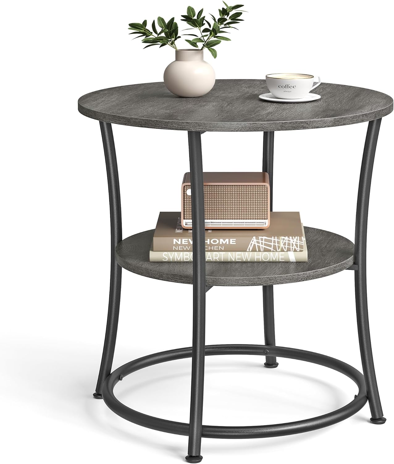 2-Tier Round End Table, Nightstand with Steel Frame for Small Spaces