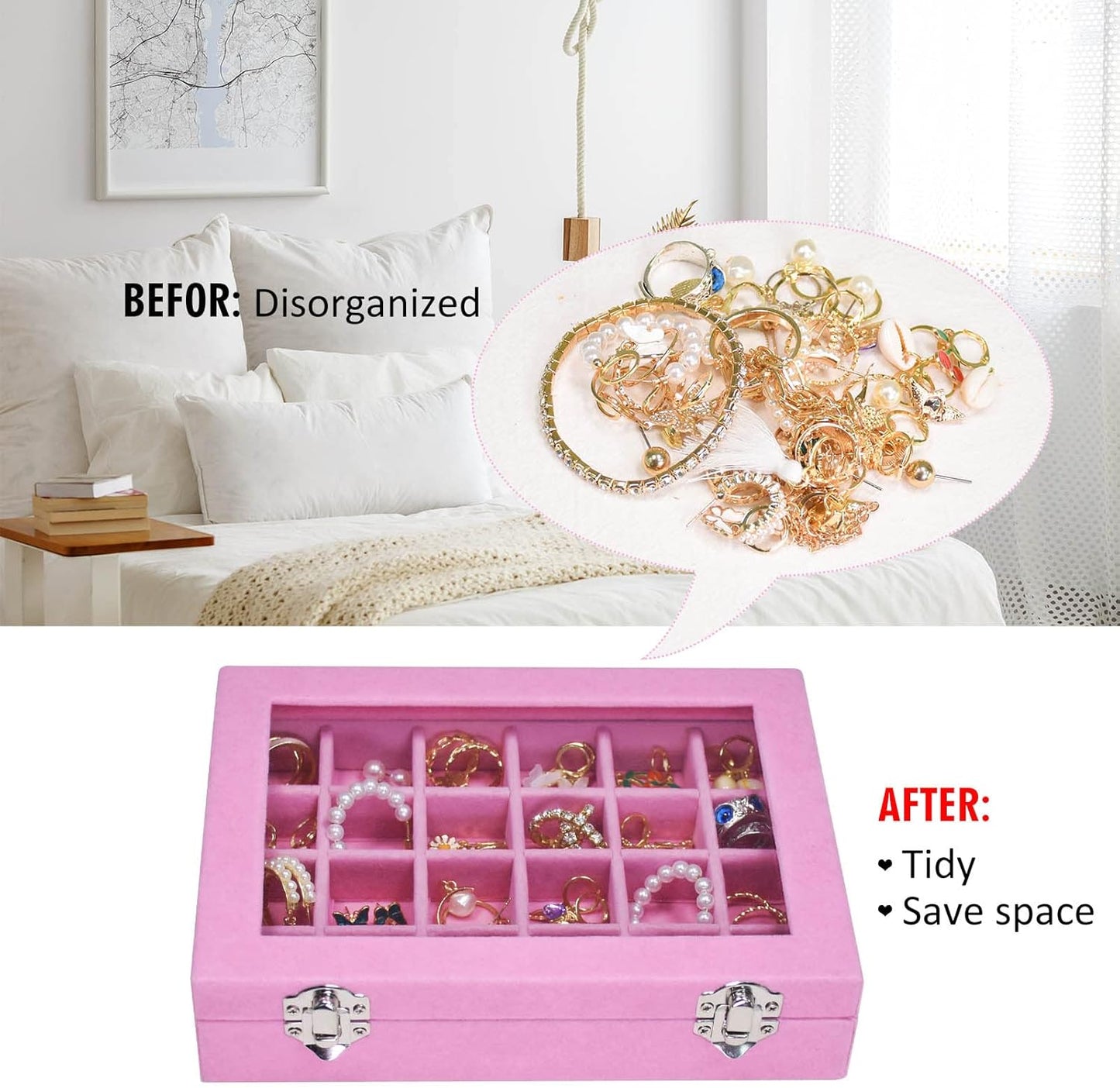 Jewelry Box 24 Grid Jewelry Ring Display Organiser Box Tray Holder Earrings Storage Case