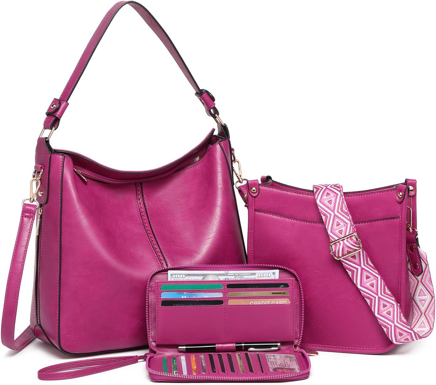 3PCS Crossbody Bags Set Large Leather Purse Shoulder Handbags with Wallet Adjustable Straps