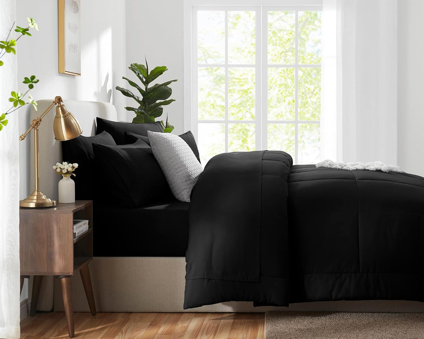 Queen Comforter Set Black, 7 count Bed in a Bag, All Season Bedding Sets