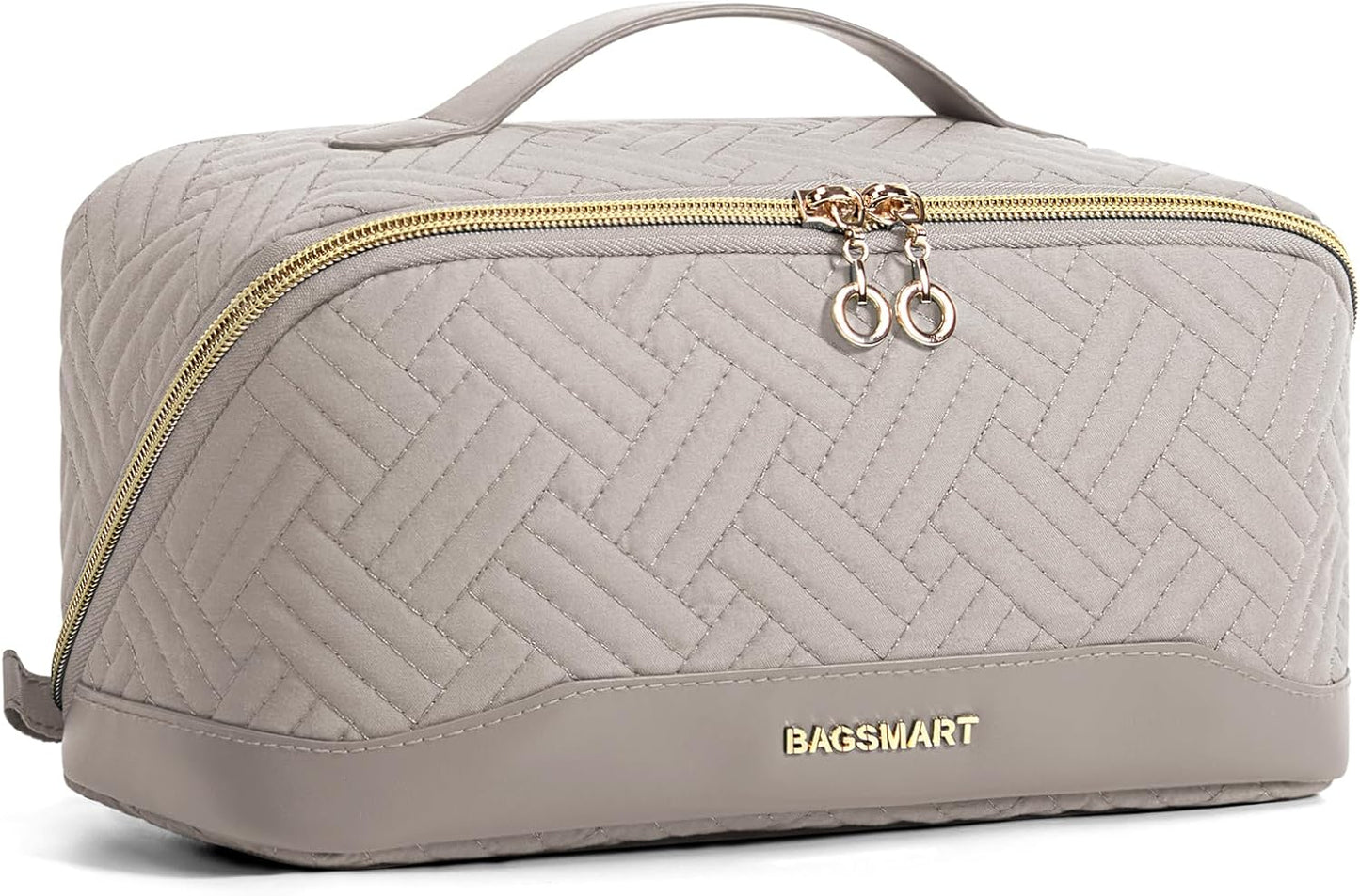 Travel Makeup Bag for Women, Portable Water-resistant Cosmetic Case, Puffy Padded Make Up Organizer Pouch, Open Flat Toiletry Bag for Toiletries, Brushes, Pink