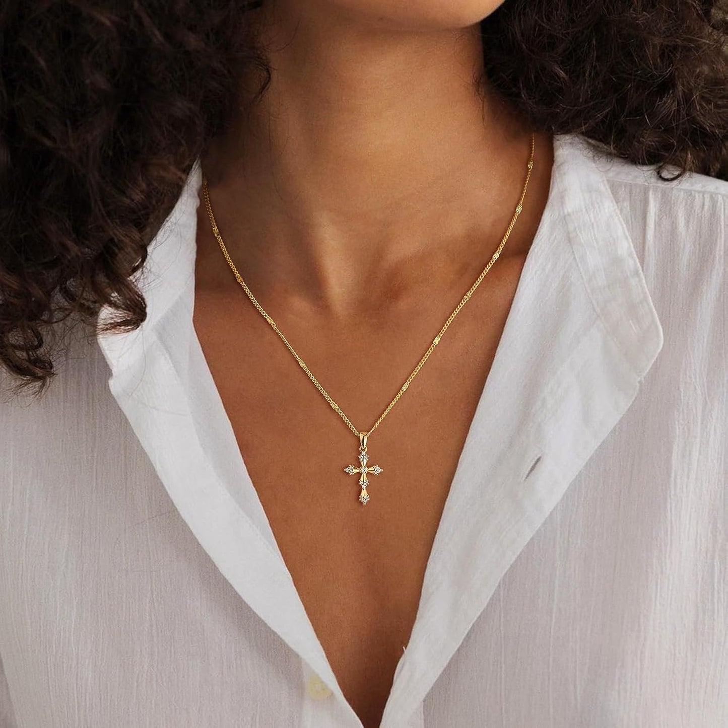 Stackable Cross Pendant Necklace: 14K Gold Plated Simple Silver Charm Choker for Her, Women and Teens