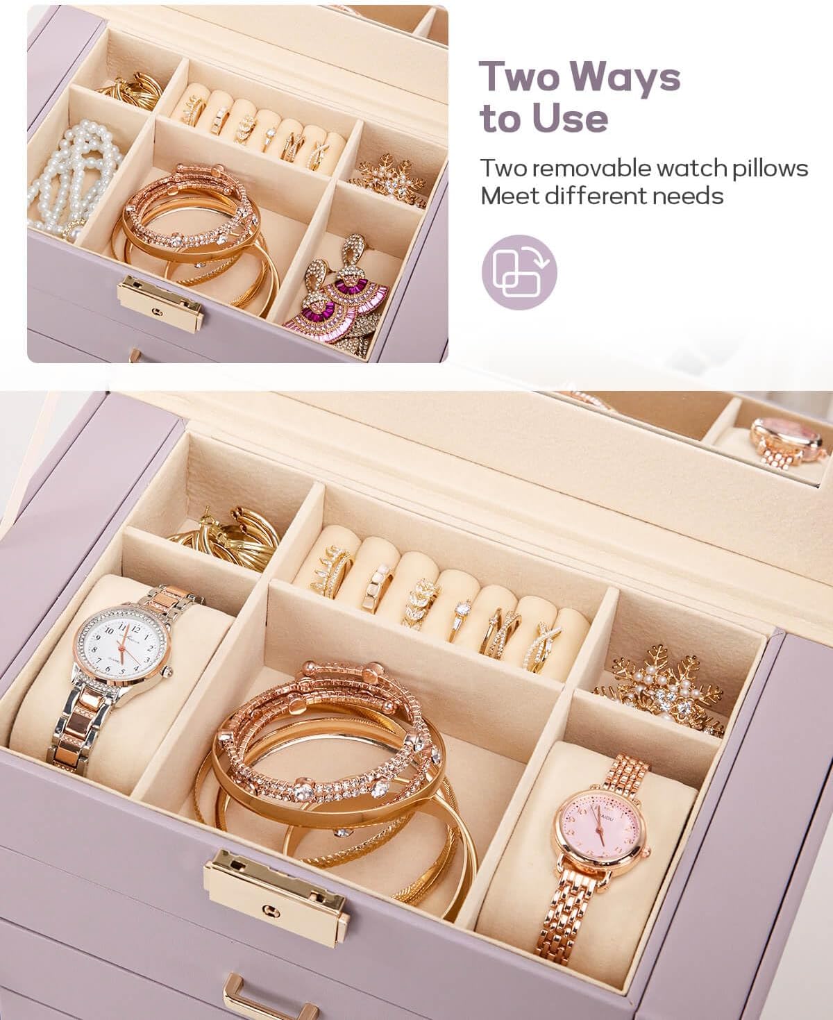 Synthetic Leather Huge Jewelry Box Mirrored Watch Organizer Necklace Ring Earring Storage Lockable
