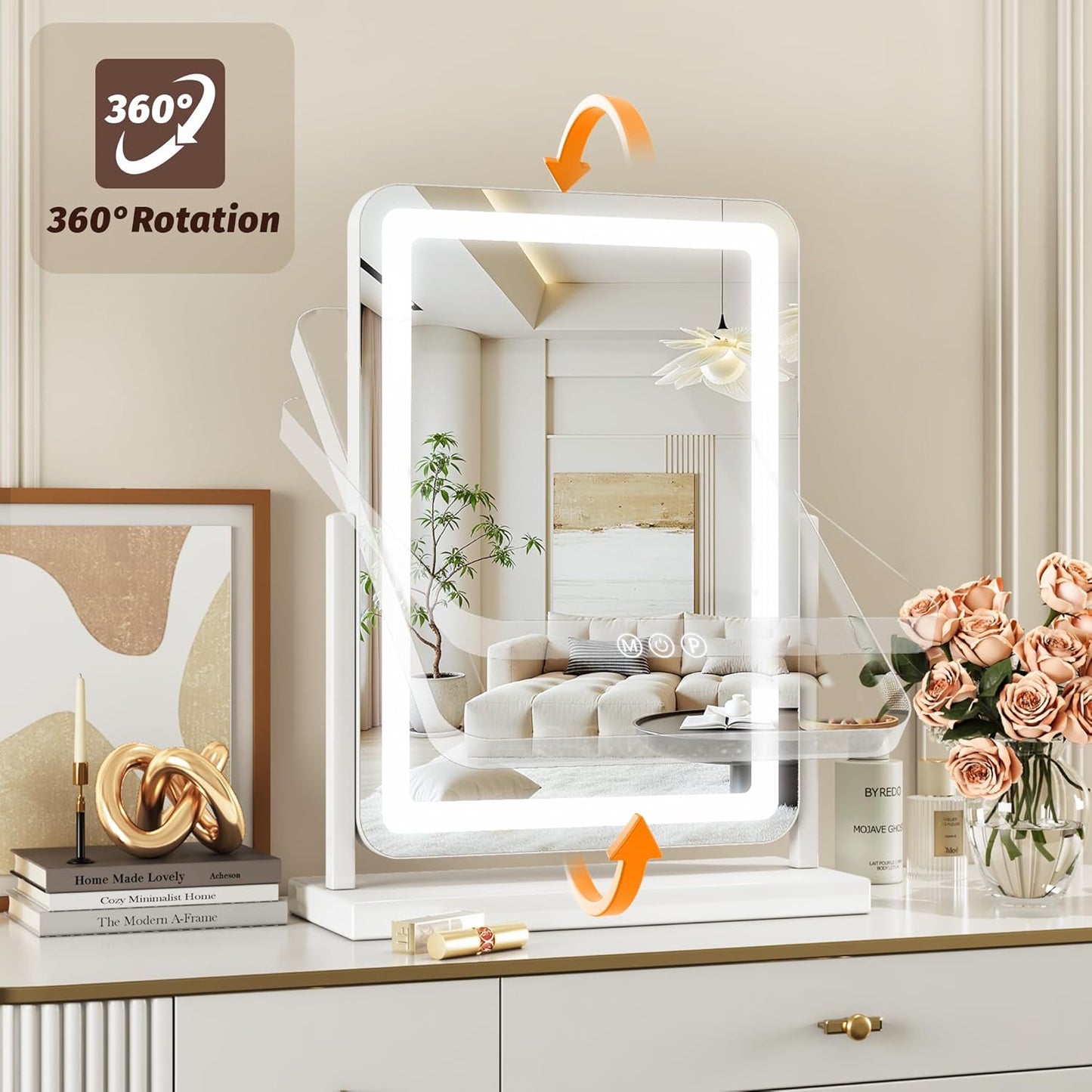 Vanity Mirror with Lights, 18"x13" Lighted  Smart Touch Control 360° Rotation Detachable