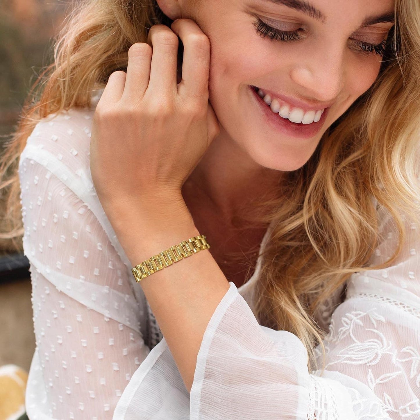 2pcs Gold Chain Link Bracelet, Stainless Steel Crystal Friendship Bracelets Bangle,Watch Band Chains Wristband