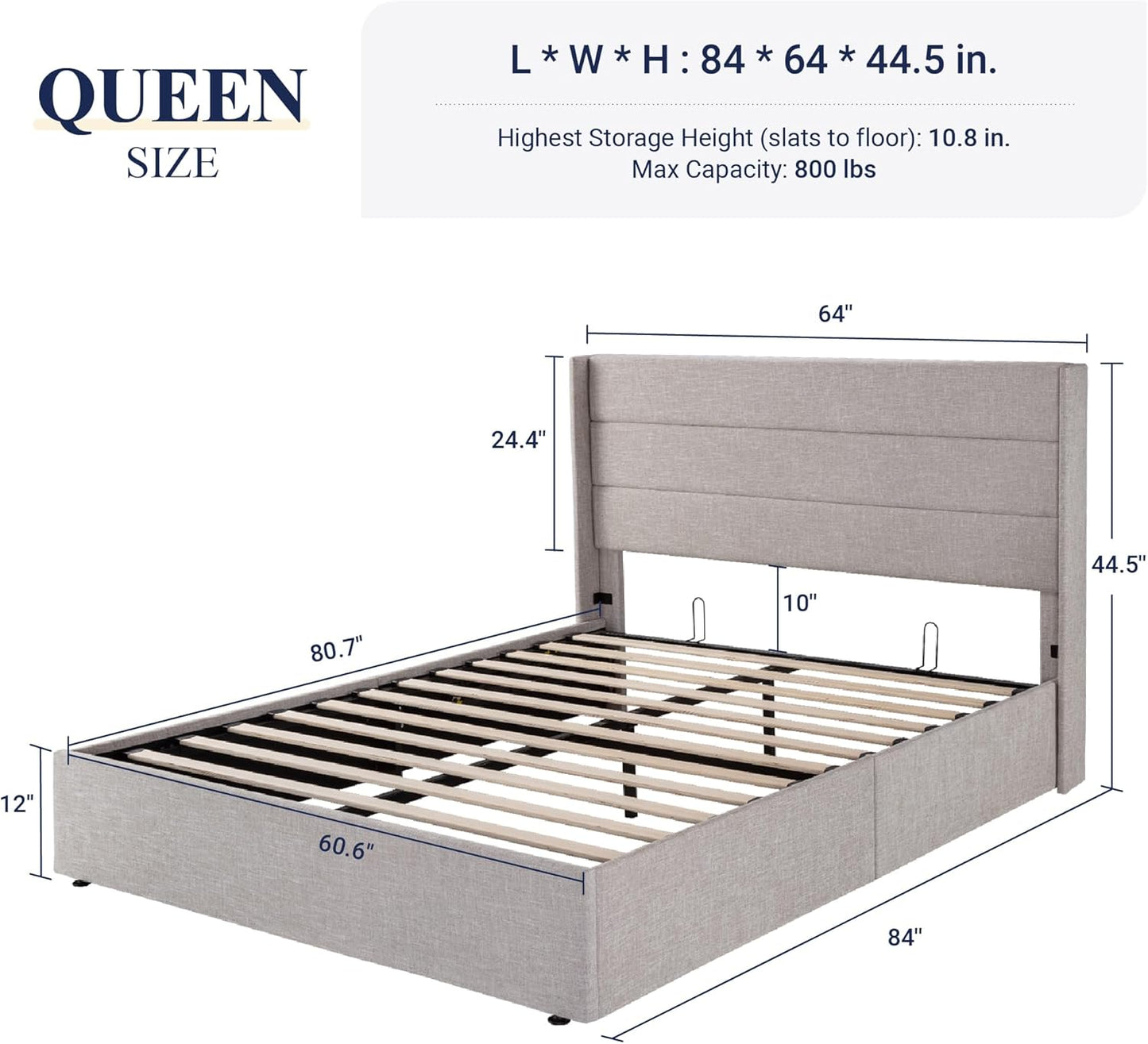 Queen Size Lift Up Storage Bed, Modern Wingback Headboard, Hydraulic Support, No Box Spring Needed