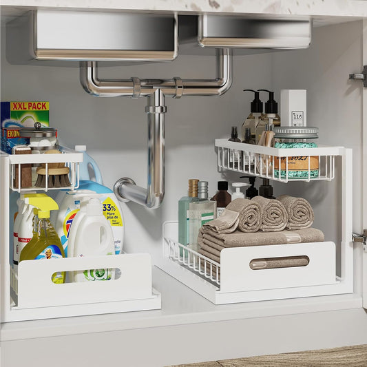 Under Sink Organizer, Pull Out Cabinet Organizer 2 Tier Slide Out Sink Shelf Cabinet Storage Shelves,2 Pack