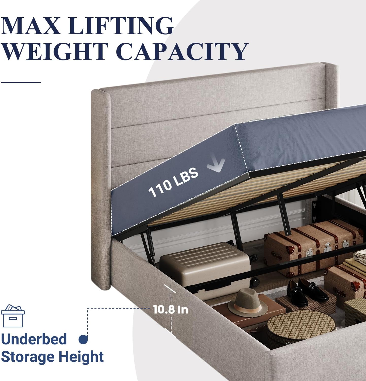 Full Size Lift Up Storage Bed, Modern Wingback Headboard, Hydraulic Support, No Box Spring Needed