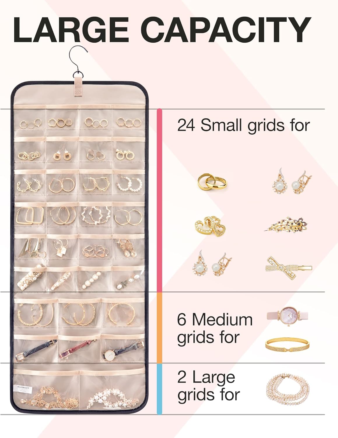 Jewelry Organizer Storage Roll with Hanger Metal Hooks Double, Necklaces, Rings on Closet, Wall, Door