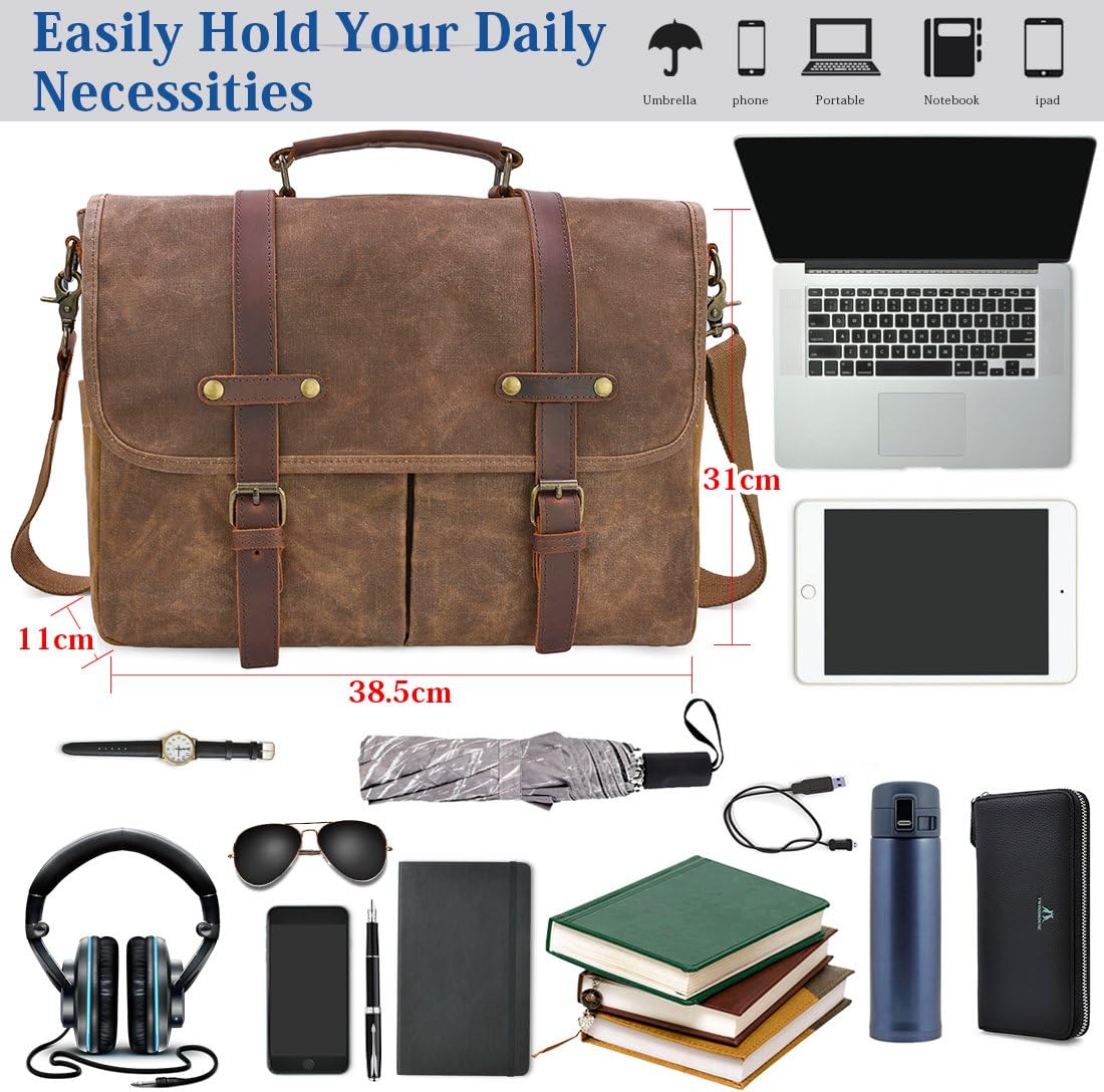 15.6 Inch Mens Messenger Bag Waterproof Vintage Genuine Leather Waxed Canvas Briefcase Large Leather Computer