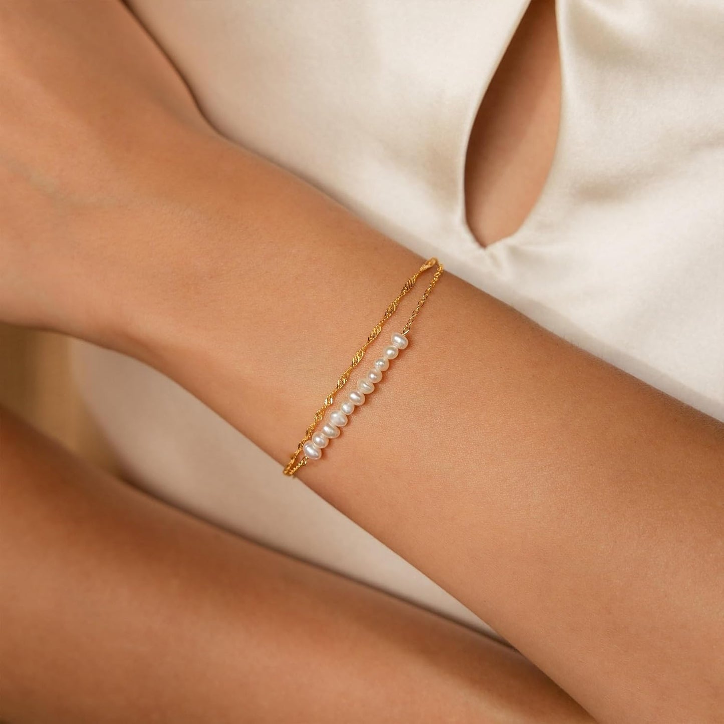 Gold Bracelets for Women Trendy, 14K Real Gold Plated Dainty Stackable Pearl Snake Chain CZ Heart Pendant Bracelets Adjustable 6"+2"