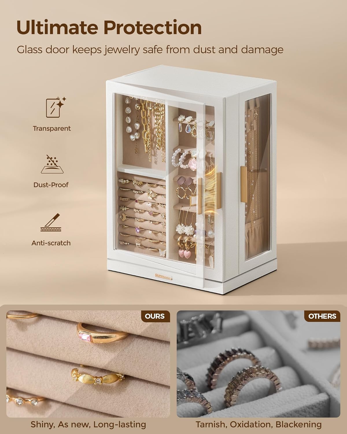 360° Rotating Jewelry Box with 7 Drawers, Spacious Vertical Jewelry Organizer with Glass Window