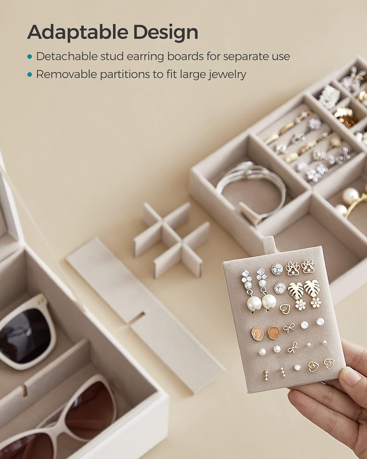 2-Layer Jewelry Box, Jewelry Organizer with Handle, Removable Jewelry Tray, Jewelry Storage, Floating Effect, White