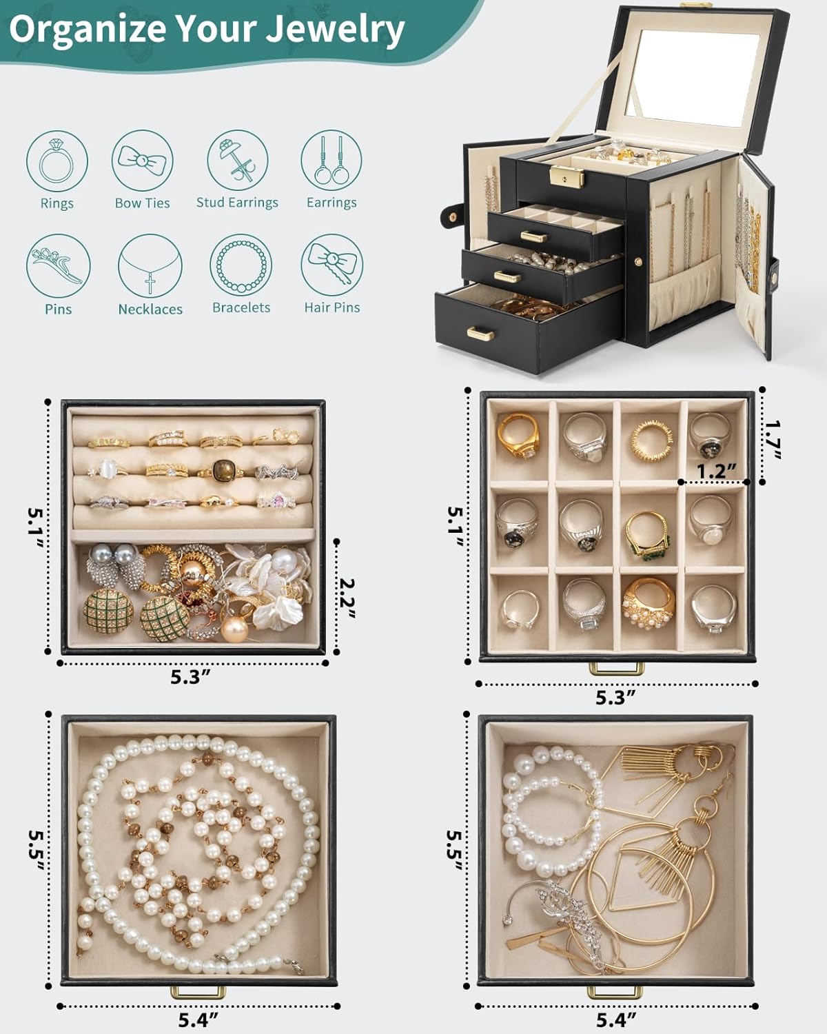 4-Tier Jewelry Box Leather Jewelry Storage Organizer with 3 Drawers Lockable