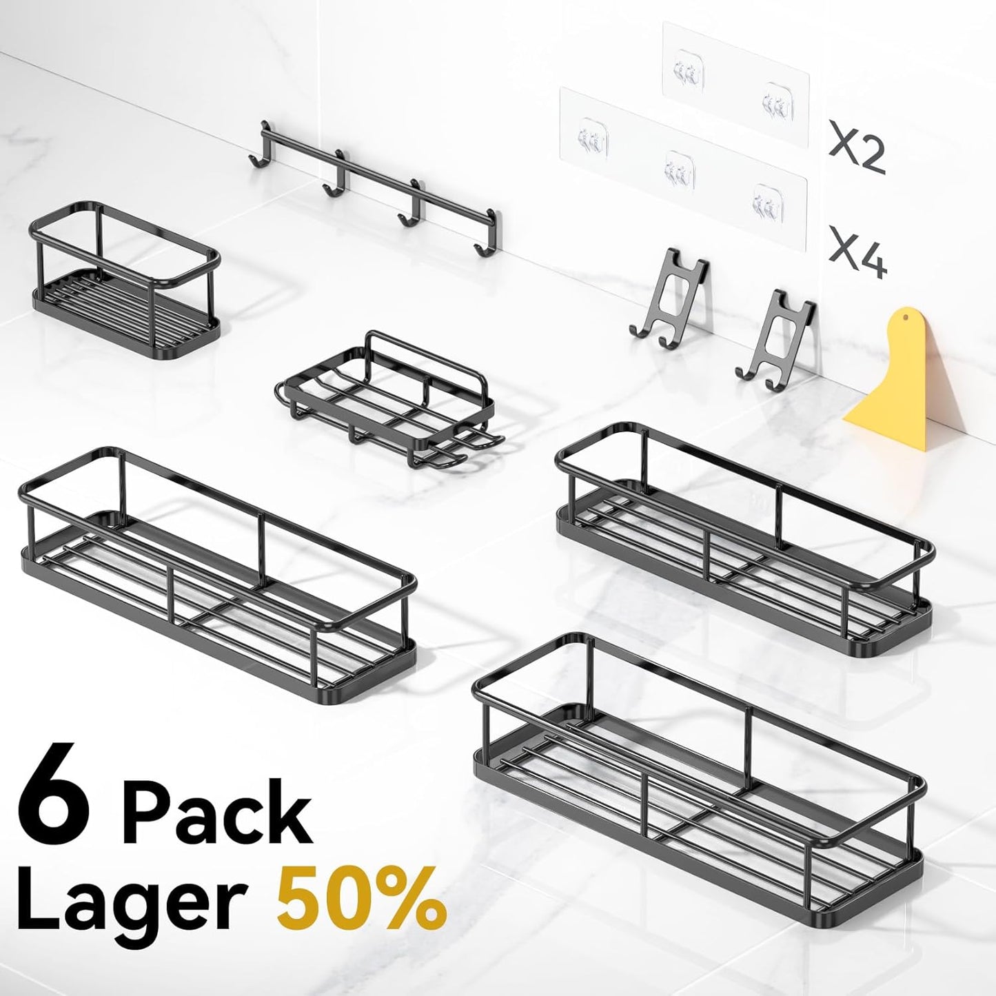 Shower Caddy, No Drilling 6 Pack Large Capacity Bathroom Shelves for Kitchen & Home Decor