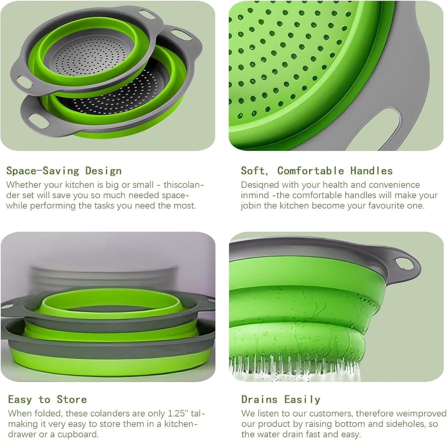 Collapsible Colander Set of Perfect for Draining Pasta, Vegetable and fruit for Kitchen and Travel Use (green)